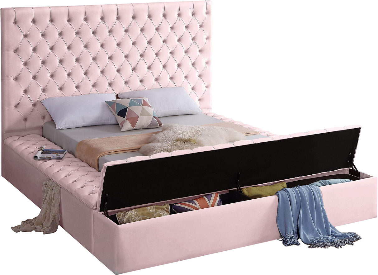 Meridian Furniture Bliss Collection Modern | Contemporary Velvet Upholstered Bed with Deep Button Tufting and Storage Compartments in Rails and Footboard, Pink, King Meridian Furniture