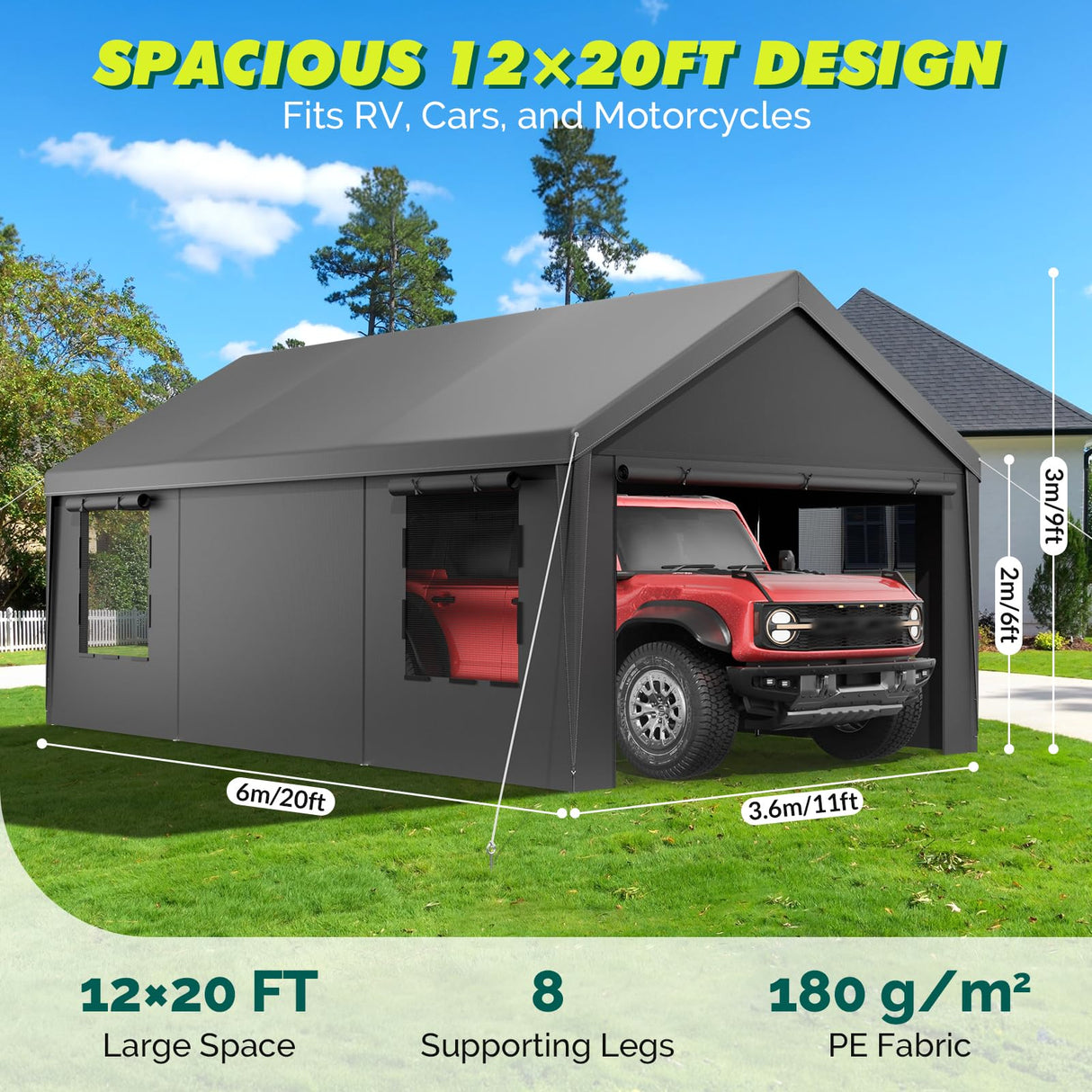 Velway Carport 12x20ft Heavy-Duty Canopy - Portable Garage Metal Carport Featuring Galvanized Frame Waterproof & UV-Protected Tarp with Removable Sidewalls & Doors for Car, Truck, Boat Velway