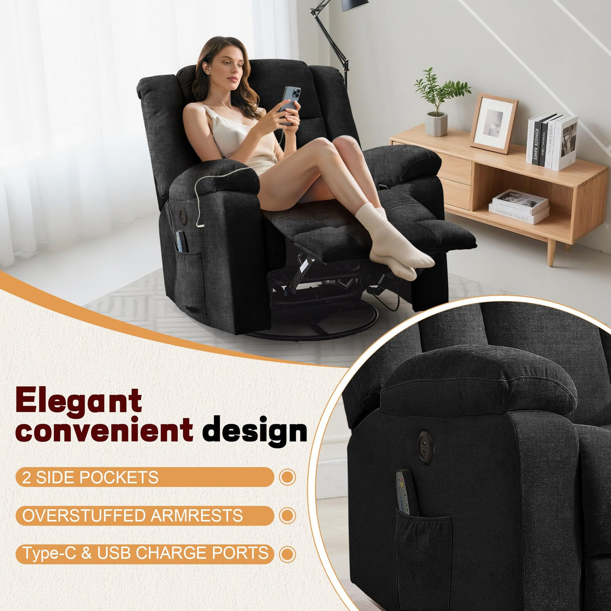 Korser Rocker Recliner, Glider Recliner Chairs for Adults, 360° Swivel Rocking Chair with Massage and Heating, Nursery Chair with Storage and USB Charging for Living Room, Bedroom, Nursery Korser