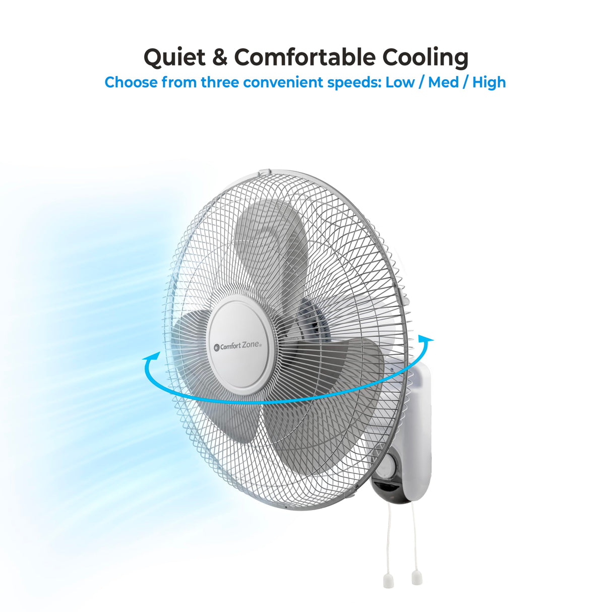 Comfort Zone Oscillating Wall Mount Fan with Adjustable Tilt, 16 inch, 3 Speed, Metal Grille, 90 Degree Oscillation, Airflow 14.07 ft/sec, Ideal for Home, Bedroom, Gym & Office, CZ16W Comfort Zone