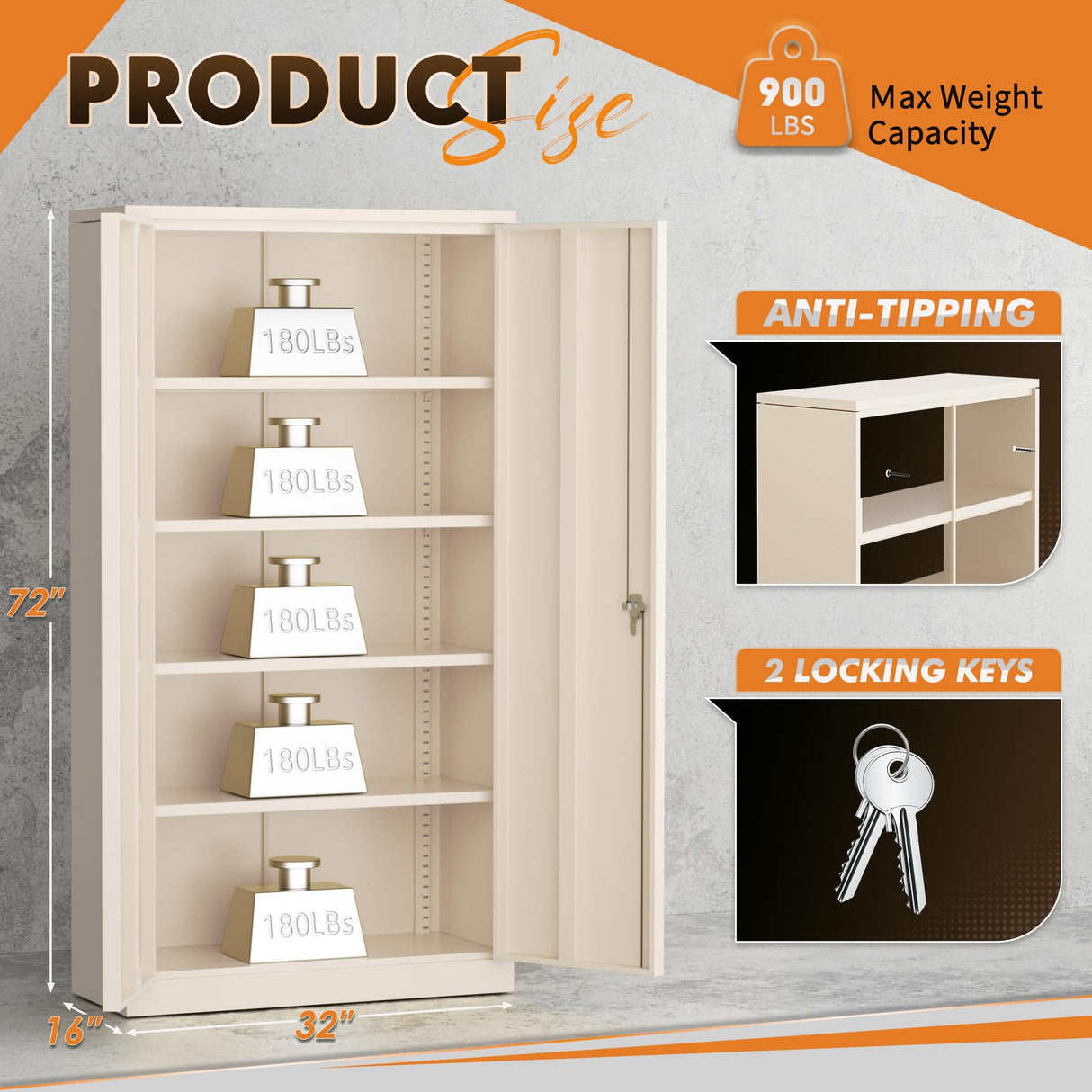 Bonusall Tall Metal Storage Lockers,71 inch Locking Steel Cabinet with Lock,Lockable Storage cabinets with 2 Doors and 4 Shelves,Utility Cabinet for Office,Garage,Warehome,Basement(Beige) Bonusall