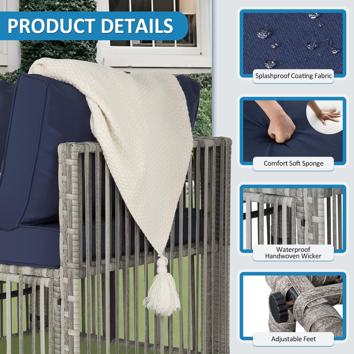 FHFO 7 Pieces Outdoor Patio Furniture Set, Wicker Outdoor Sectional Conversation Couch Set with Adjustable Backrest Sofa, Thick Cushion & Coffee Table for Garden, Porch, Poolside, Grey/Blue FHFO