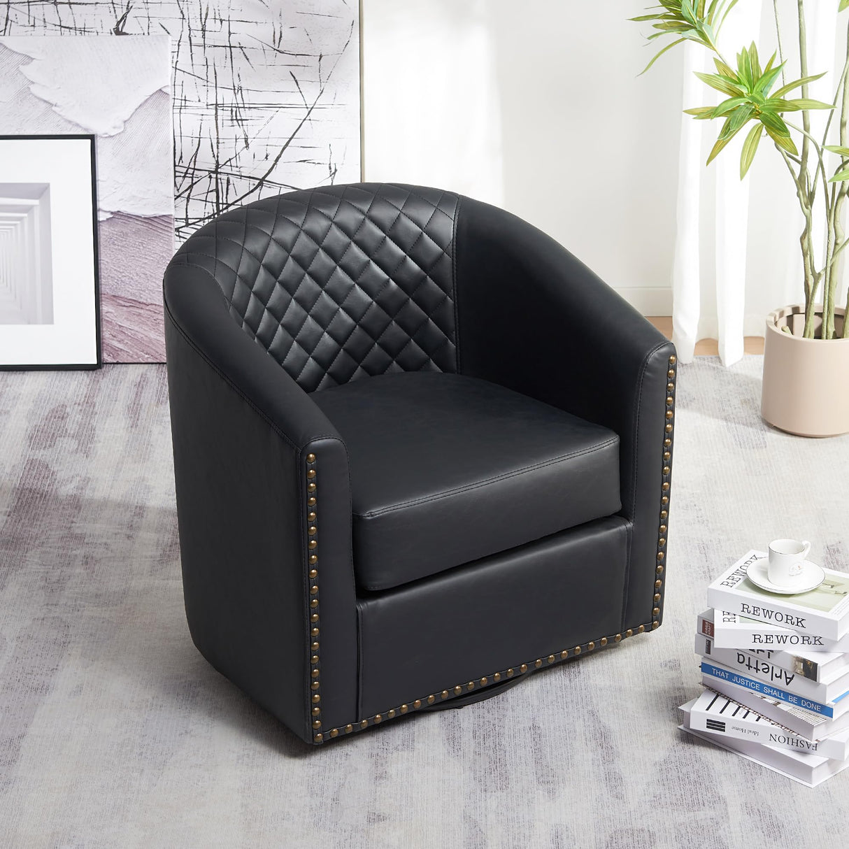 KINWELL 29" Wide Tufted Faux Leather Swivel Barrel Chair, PU Leather Modern Upholstered Accent Chairs with Nailhead Trim, Small Armchair for Living Room Bedroom, Black KINWELL