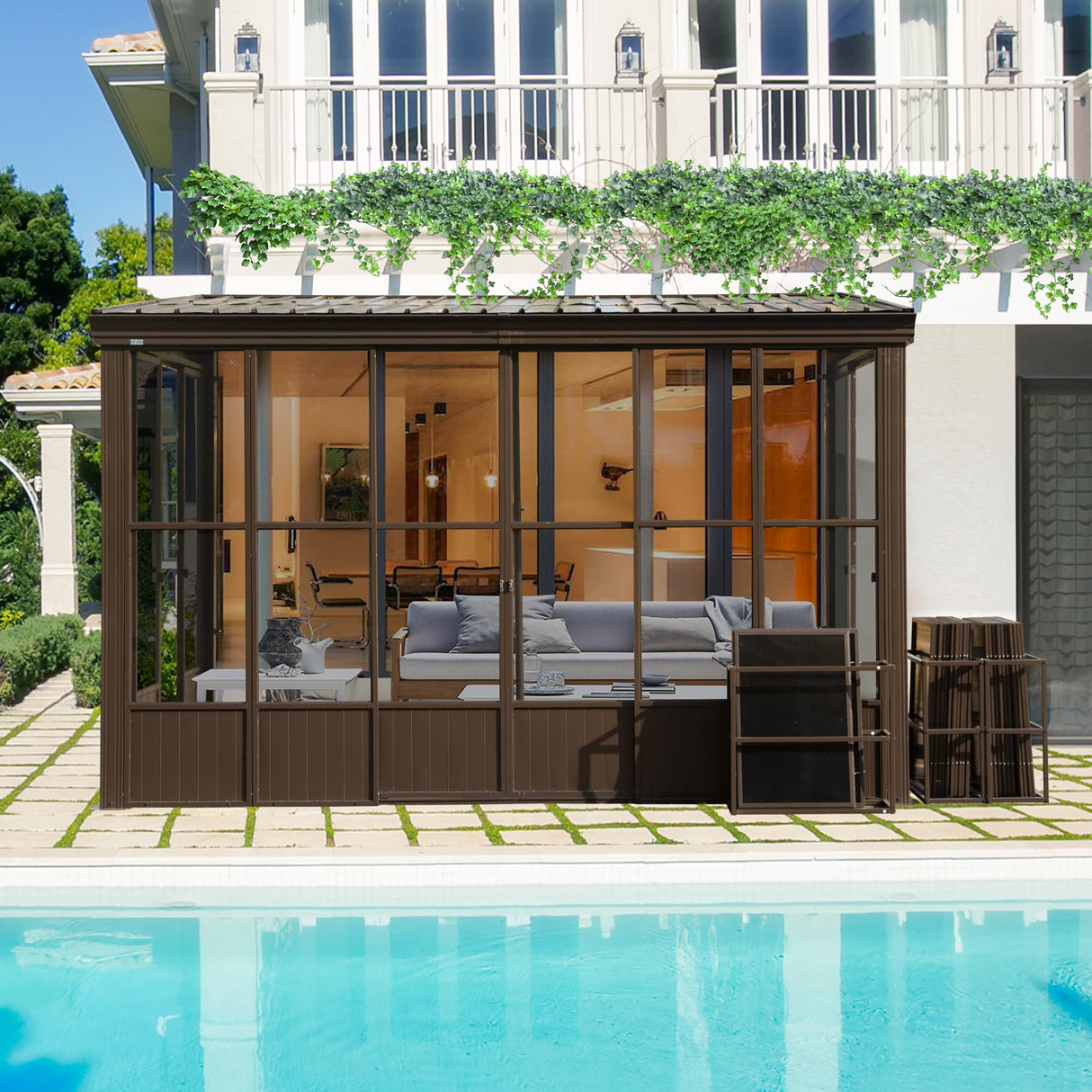 Domi 8x12FT Sunroom,Wall Mounted Gazebo Solarium with Front Door, Both Side Entrance, Galvanized Steel Sloping Roof, Moveable PC Screen, Outdoor Permanent Sun Room Lean to Gazebo for Deck Patio domi outdoor living