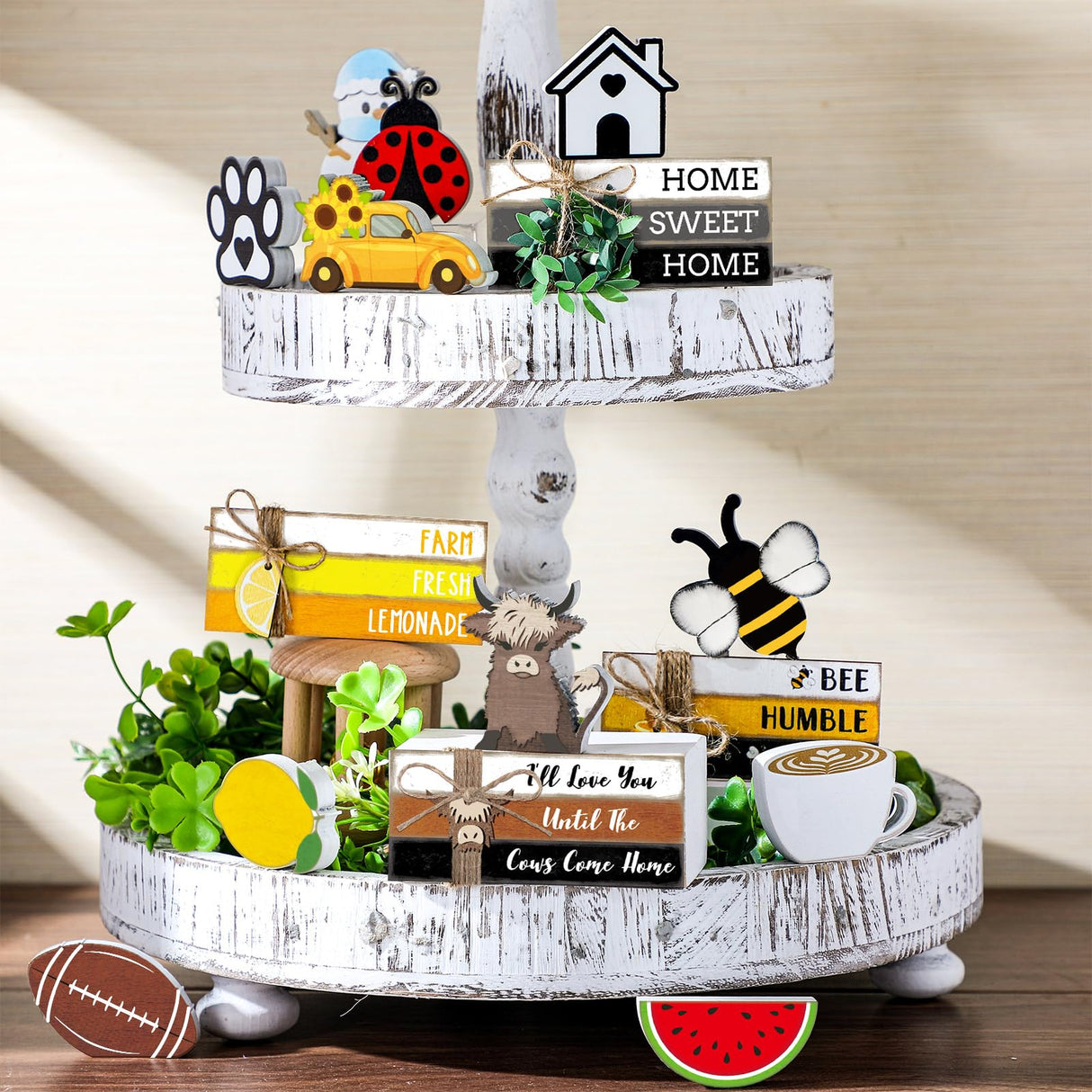 Briwooody 27 Pcs Interchangeable Table Decor Seasonal Bee Lemon Highland Cow Sign Farmhouse Mini Wood Book Stack Spring Summer Tiered Tray Decor for Home Office Desk Shelf Coffee Bar(Classic Style) Briwooody