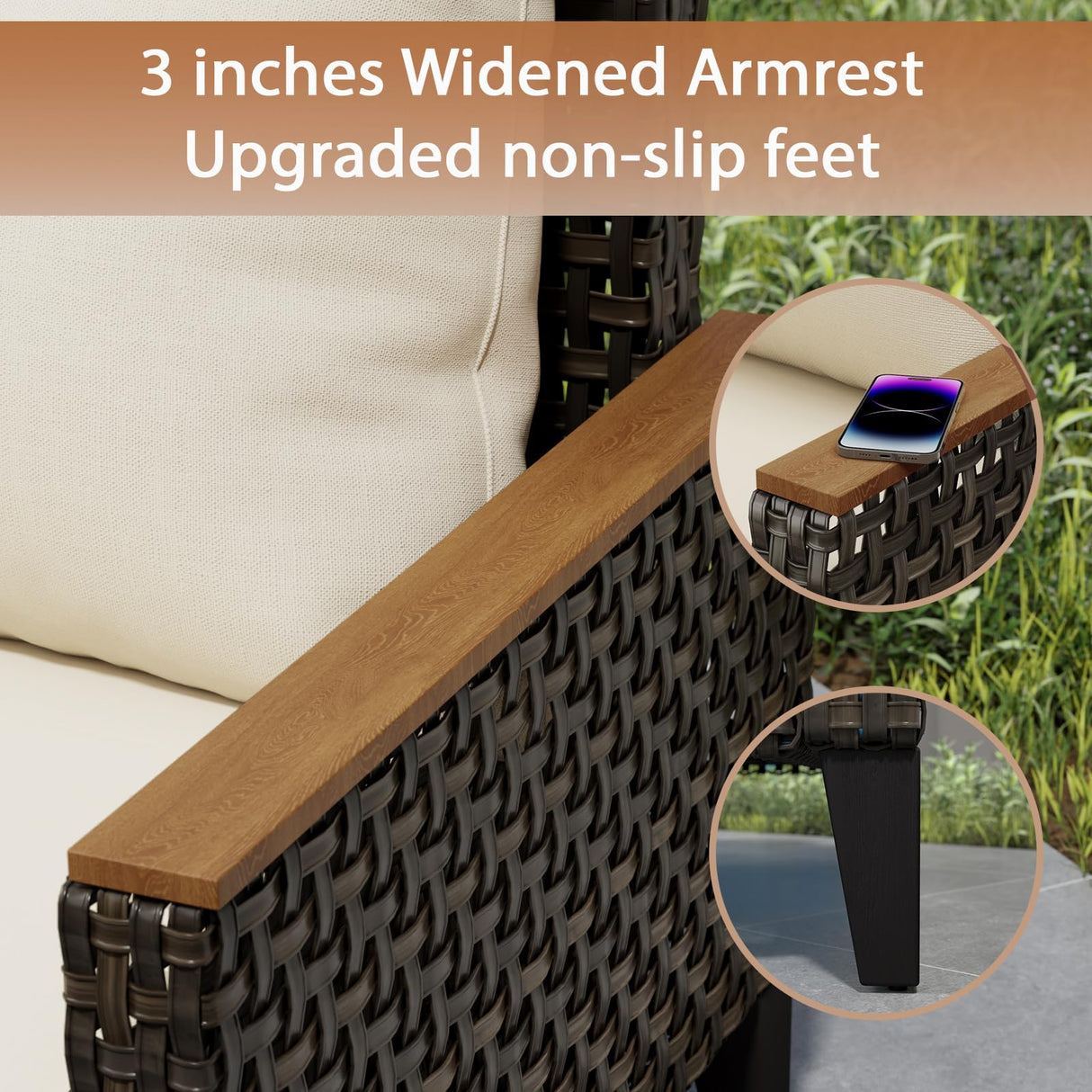 Xmkmvk 7 Piece Patio Sectional Sofa Furniture Set, All-Weather Wicker Rattan Outdoor Conversation Set with High Back and Thick Cushions, for Garden, Porch, Poolside, Beige Xmkmvk