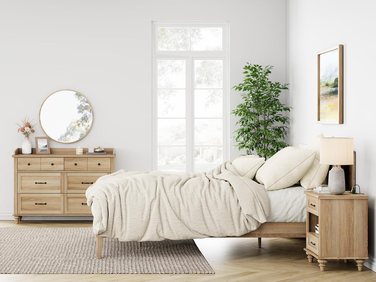 WAMPAT Set of 2 Nightstands with Drawers & Charging Station, Farmhouse Bedside Table with Open Shelf, Nightstand with Solid Wood Feet, Oak End Tables for Bedroom Living Room, Natural WAMPAT