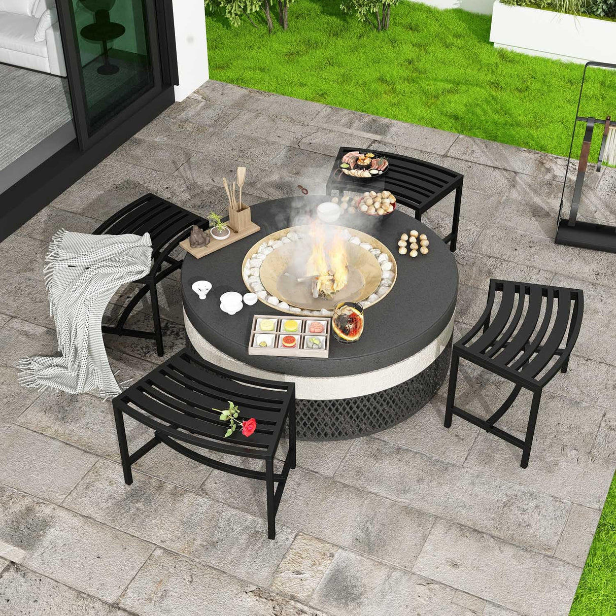 Timechee Metal Curved Fire Pit Bench Set of 4, Outdoor Fire Pit Seating, Steel Backless Outside Fire Pit Bench for Garden, Patio, Porch, Backyard, Plant Stand, Heavy Duty Plant Holder, Style 3, Black Timechee