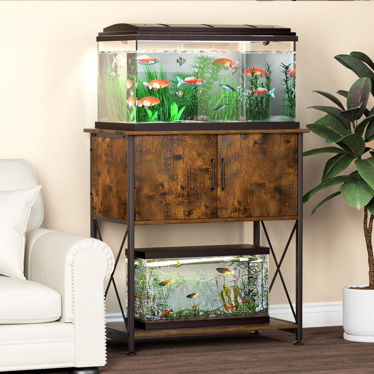 Herture 20-29 Gallon Aquarium Stand Metal Frame Fish Tank Stand with Cabinet Storage, for 20 Gallon Long Aquarium,30.7" L*16.5" W Tabletop,330LBS Capacity Rustic Brown and Black PG01YGN Herture