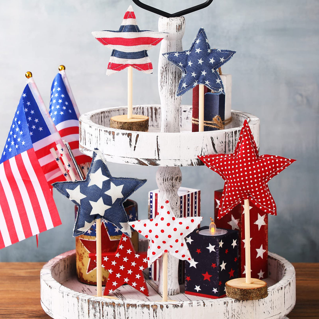 5 Pcs 4th of July Table Centerpiece Standing 3D Star Decor Wood Patriotic Sign Block Fabric Ornaments Rustic Fourth of July Independence Day Crafts for American Festival Party Home Decoration Sintuff