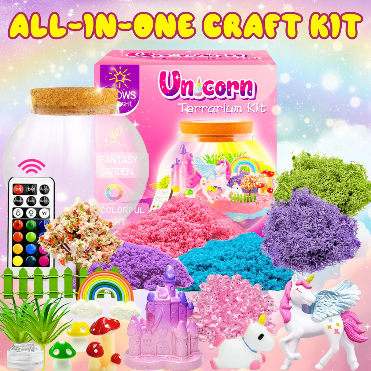 Unicorn Terrarium Kit for Kids, Unicorn Toys for Girls Age 4-6, Arts and Crafts Birthday Gift for Kids Ages 4 5 6 7 8 9 10 Year Old, Unicorn Academy Toys with Remote LED Night Light Swaitee