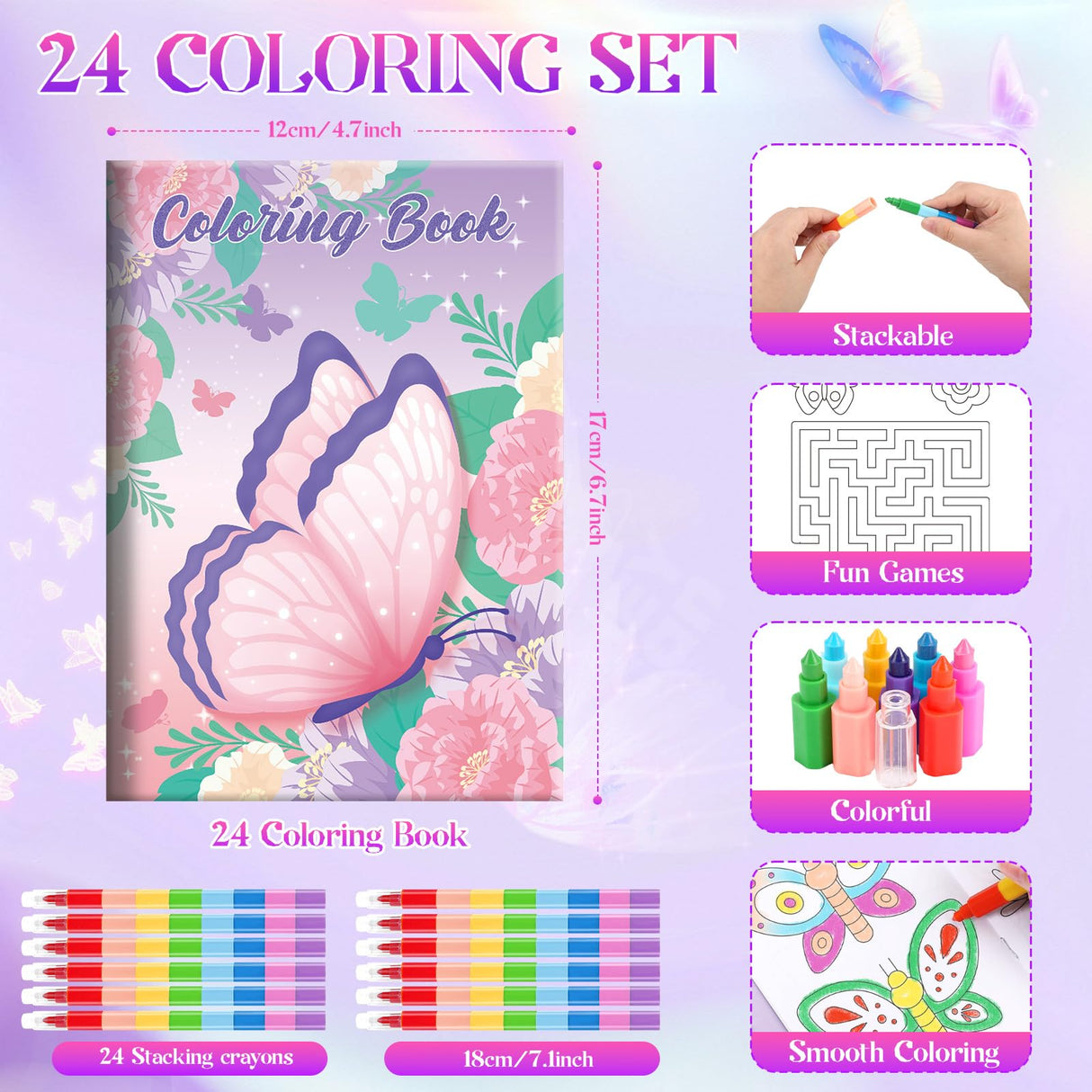 BenLouis 24 Butterfly Mini Coloring Books Kids with 24 Stacking Crayons Butterfly Theme Party Favors Activity Books Bulk for Kids Spring Fairy Birthday Goodie Bag Gift Stuffer Classroom Reward BenLouis