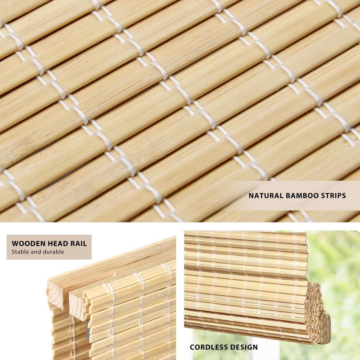 LazBlinds No Tools No Drill Cordless Bamboo Roman Shades, Privacy Window Treatment, Roll Up Bamboo Blinds for Window 26'' W x 64'' H, Natural LazBlinds