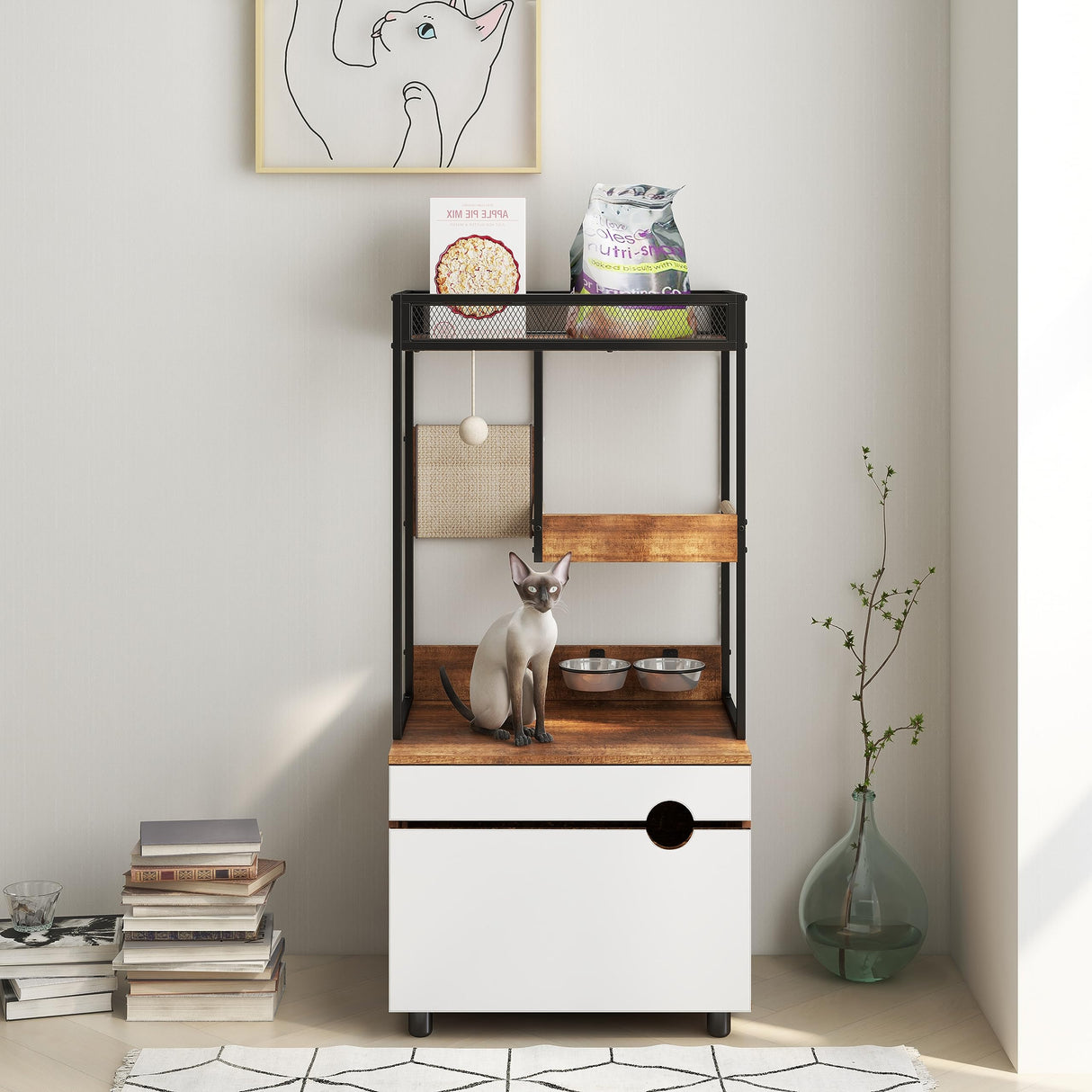 Aisurun Cat Litter Box Enclosure Cat House Cat Washroom Furniture Cat Cabinet with Storage Shelf, Cat Tree Tower, White+Vintage Aisurun