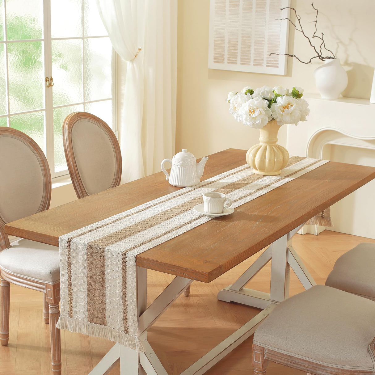 Farmhouse Decor Boho Table Runner with Macrame, Elegant Beige Brown Coffee Table Runners 72 Inches Long, Rustic Home Decor Boho Decorations for Dining Room Kitchen Baby Bridal Shower (12"×72") AILUOQI