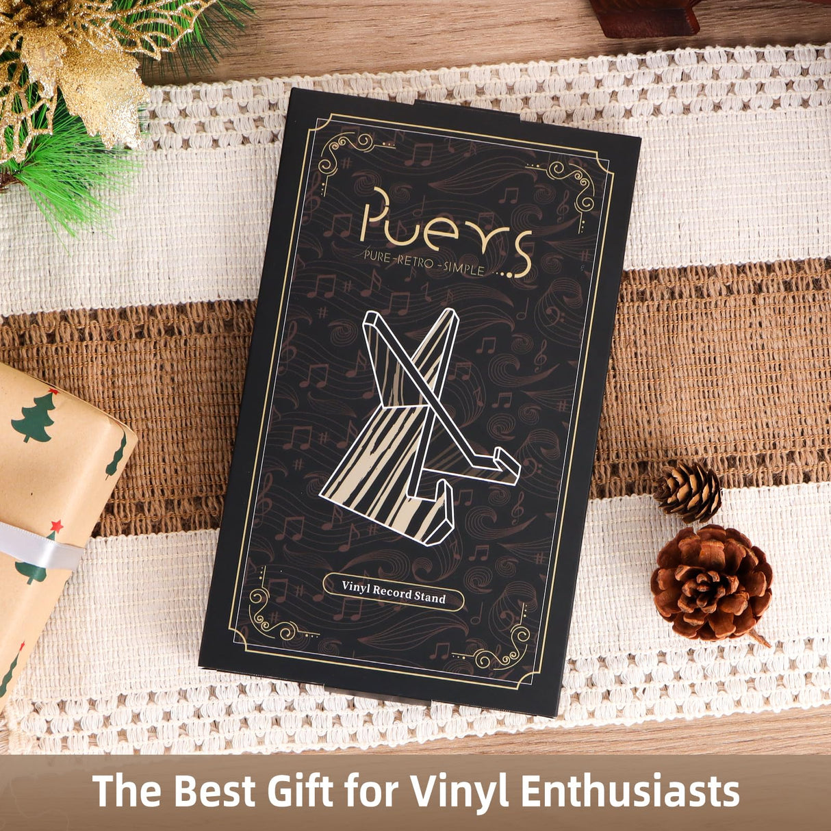 PUERSI Now Playing Vinyl Record Stand, Wooden Display Vinyl Holder Stand, Retro Now Spinning Record Accessories - Rustic Brown PUERSI