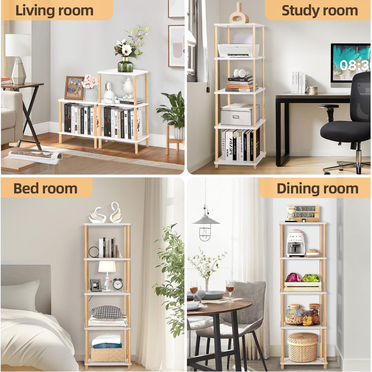 YGYQZ Bookshelf, 5-Tier High Vertical Book Shelf with Large Capacity, DIY Stackable Wooden and Metal Bookshelf Organizer, Suitable for Living Rooms, Offices, Bedrooms, and Studies YGYQZ