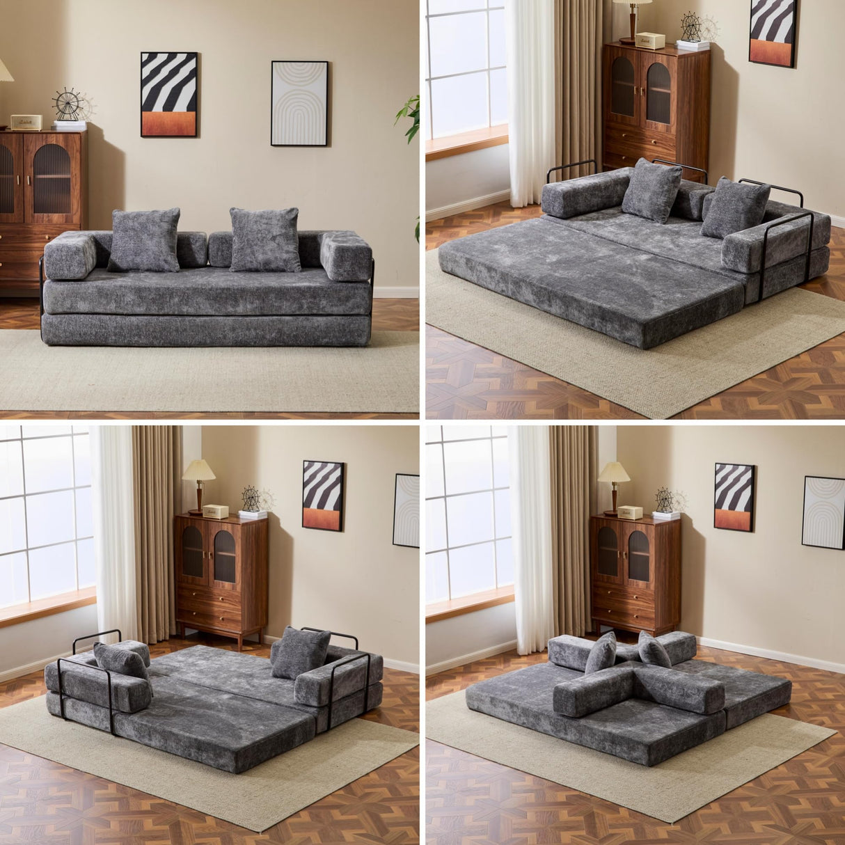 Trygoal Convertible Floor Sofa Bed, Foldable Mattress Cloud Couch with Pillow Back & Armrest, Chenille Sleeper Sofa Bed with Fixed-Shape Frame, Compressed Couch for Living Room Bedroom, Dark Gray Trygoal