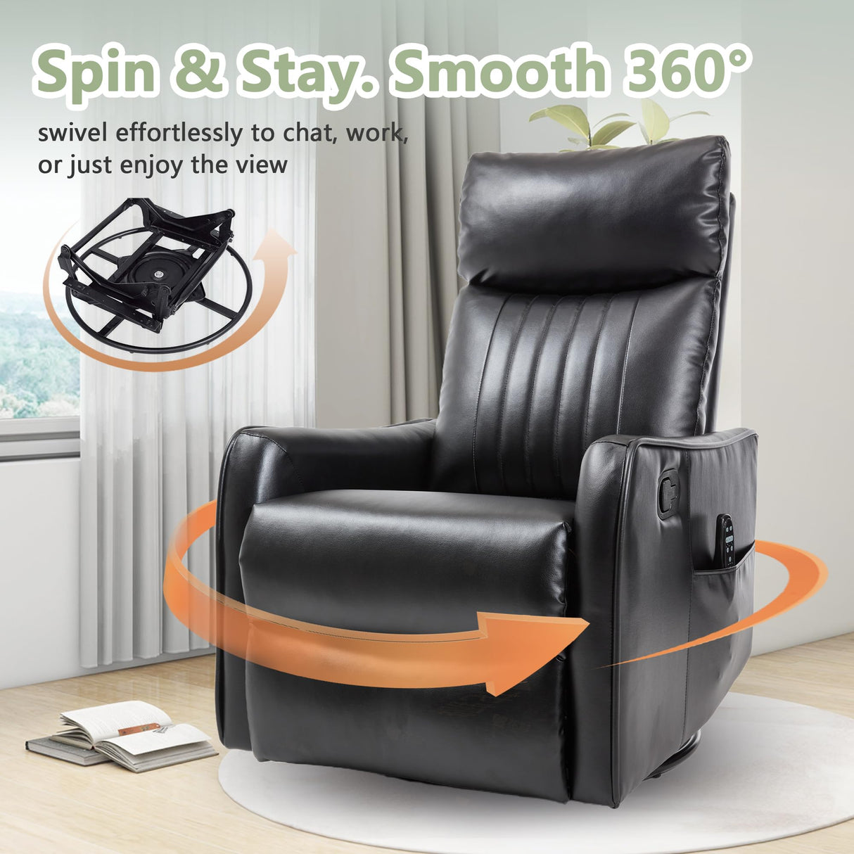 cinkehome Heated Massage Swivel Rocker Recliner Chair for Nursery - Small Space Reclining Chair with Lumbar Support, 360° Swivel & Gentle Rocking, Ergonomic High Back Faux Leather Black cinkehome