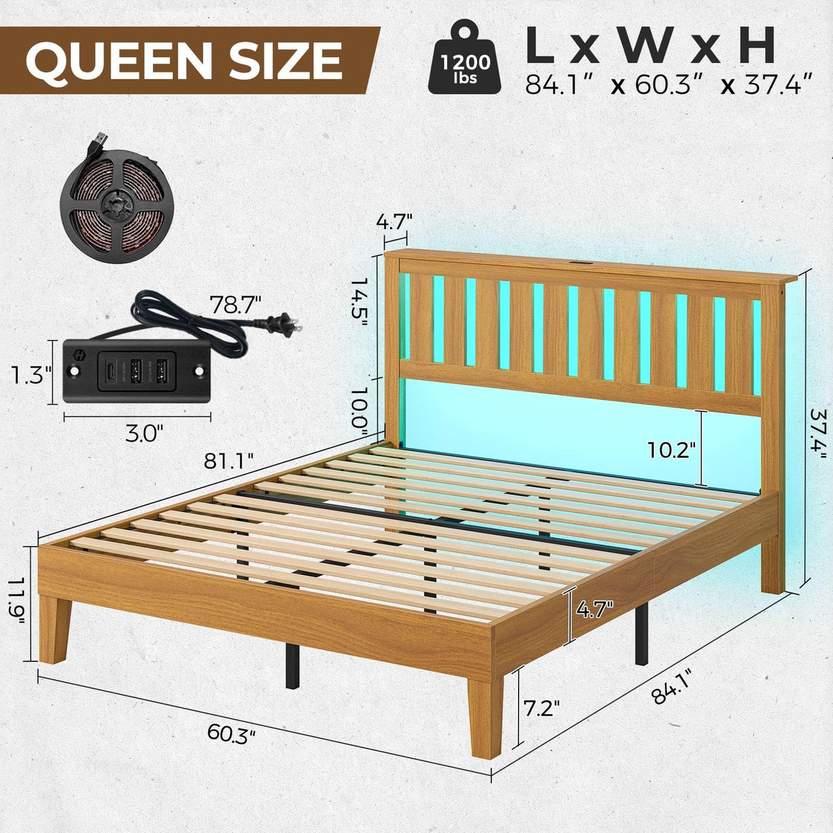 Rolanstar Queen Bed Frame with Headboard, Charging Station and LED Lights, Wooden Bed Frame Foundation with Wood Slat Support, No Box Spring Needed, Pine Rolanstar