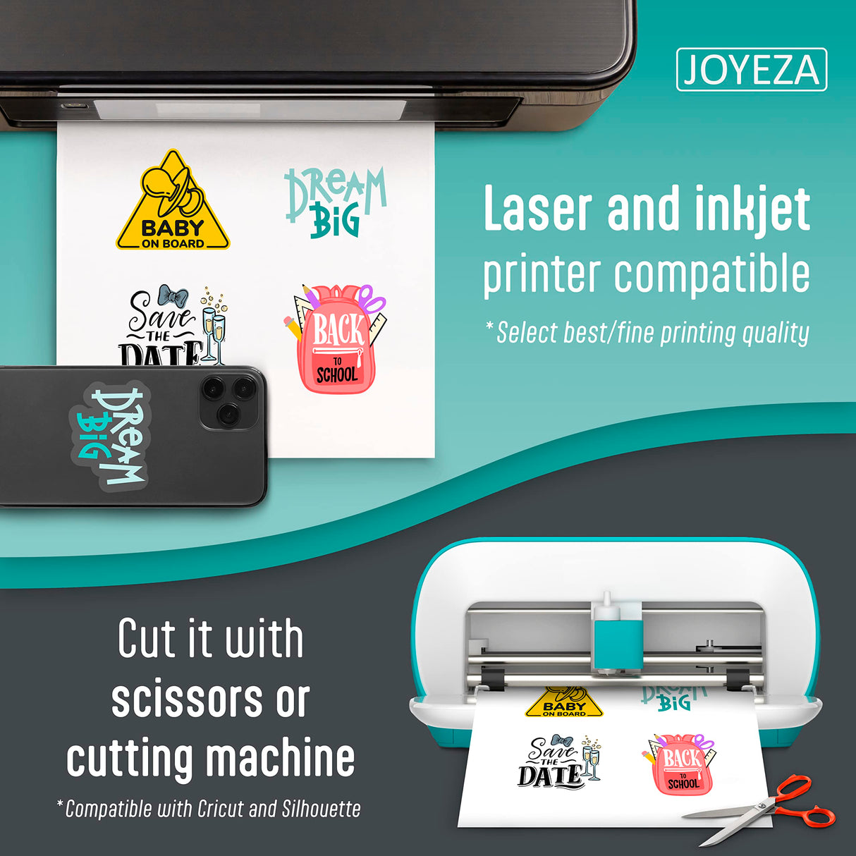 JOYEZA Premium Printable Vinyl Clear Sticker Paper for Inkjet Printer - 25 Sheets Translucent Waterproof, Dries Quickly Vivid Colors, Holds Ink well - Inkjet & Laser Printer JOYEZA