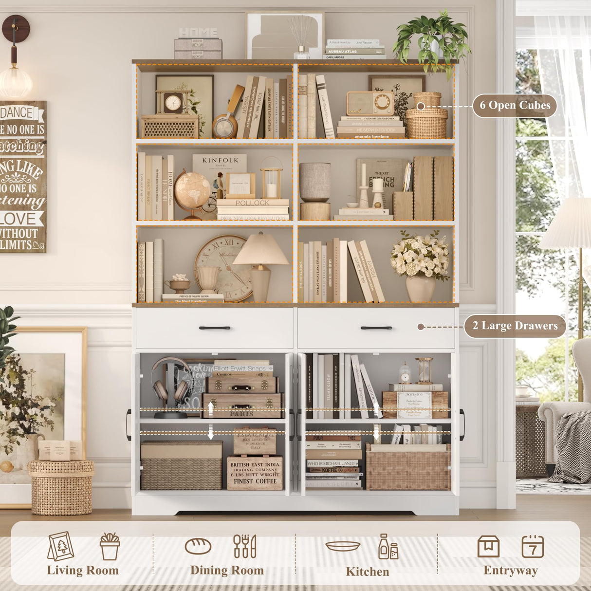HOSTACK 69" Tall Book Shelf and Bookcase, 47" Wide Bookshelf with Doors and Drawers, 6 Tier Large Wood Bookcases with Storage Cabinet, Modern Farmhouse Display Shelf for Living Room, Office, White HOSTACK