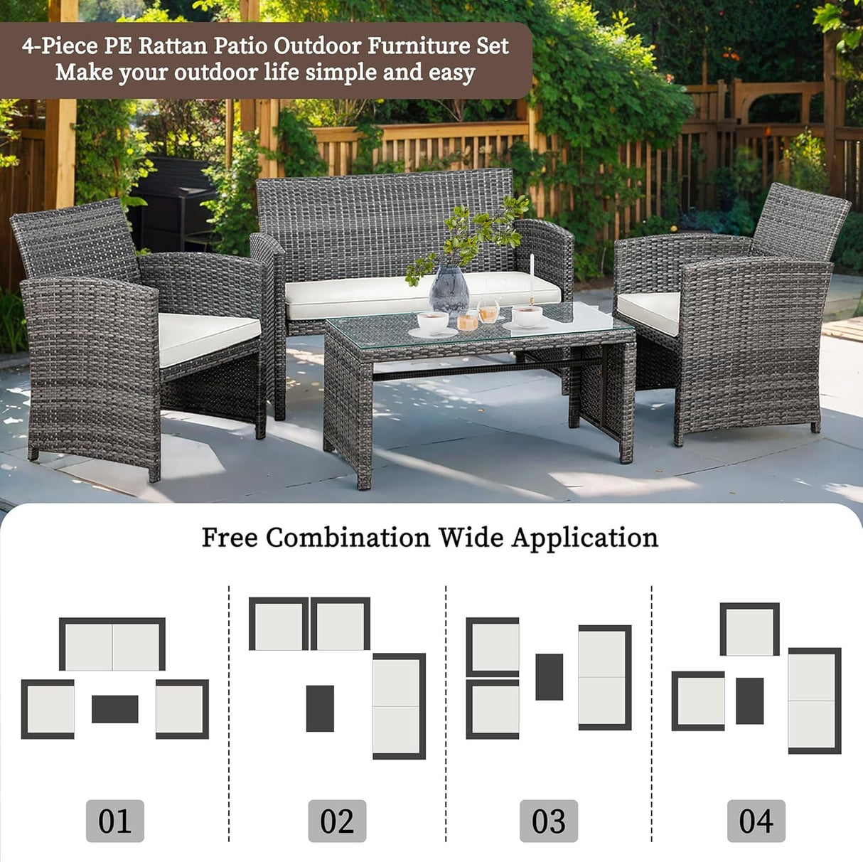 Shintenchi 4 Piece Patio Ratten Set Outdoor Furniture Set Wicker Conversation Set with Cushions and Tempered Glass Tabletop,Beige Shintenchi