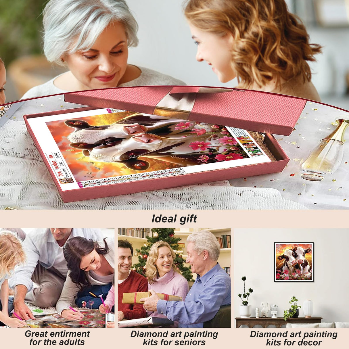 Stalente Diamond Painting Kits for Adults Cow, 5D DIY Diamond Art Kits for Beginners Round Full Drill Diamond Painting for Home Wall Decoration Gift 12×12inch, Animal Stalente