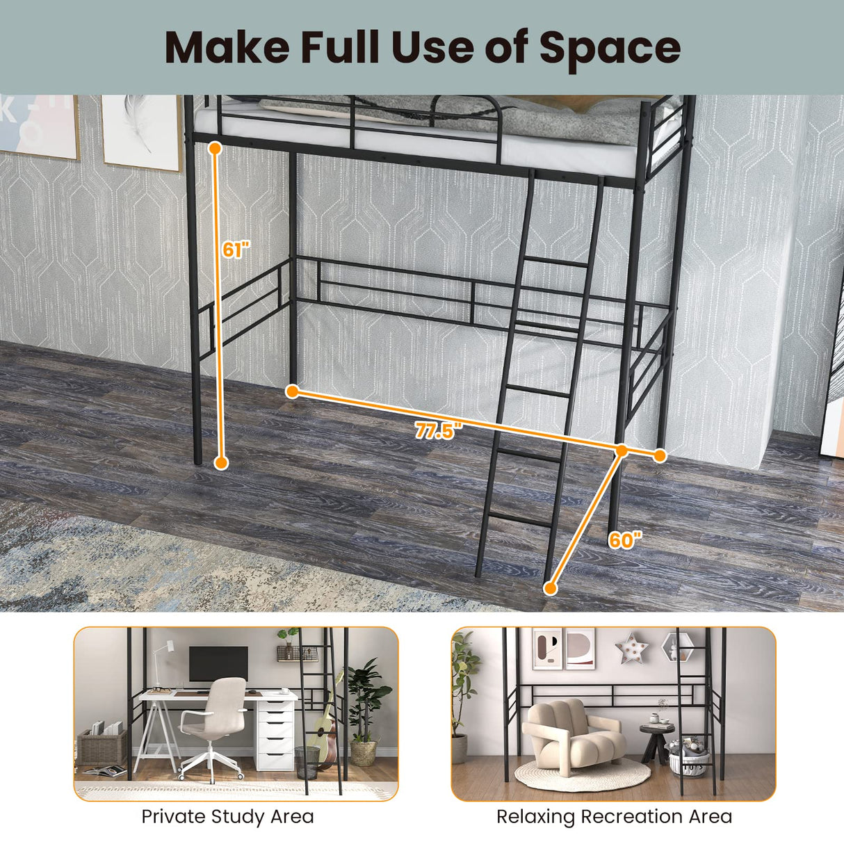 Giantex Metal Loft Bed Twin Size for Juniors & Adults, Loft Bed Frame with Ladder & Safety Guardrail, 61" Under-Bed Space, Space-Saving Twin Bed for Teens, No Box Spring Needed (Black) Giantex