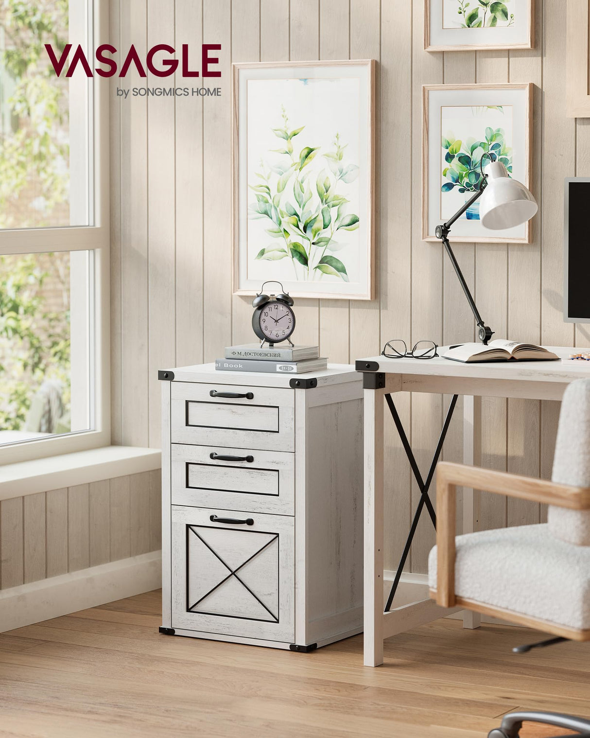 VASAGLE File Cabinet, Filing Cabinet with 3 Drawers, Printer Stand, Fit A4, Letter Size, Hanging File Folders, Modern Farmhouse Style, for Home Office, Rustic White UOFC054T73 VASAGLE