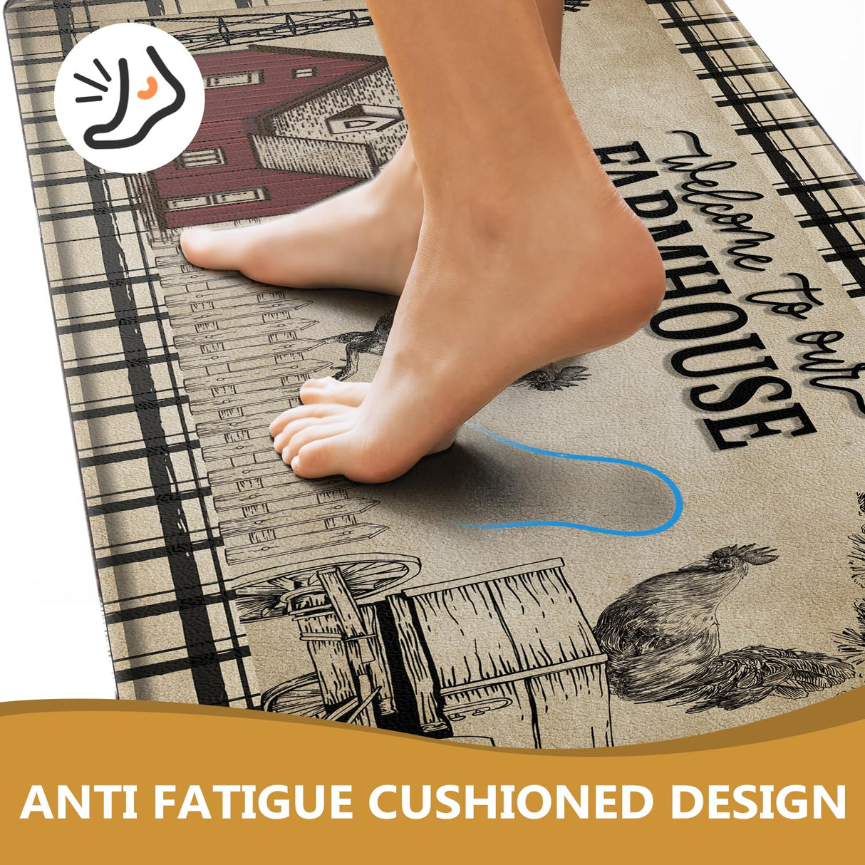 CHICNOOK PVC Farmhouse Kitchen Rugs Anti Fatigue 3 Piece, Washable Non-Skid Kitchen Mat, Farmhouse Rooster Kitchen Floor Mat, Cushioned Kitchen Floor Mats, Size 18'' x 30''+18" x 48"+18" x 60" CHICNOOK