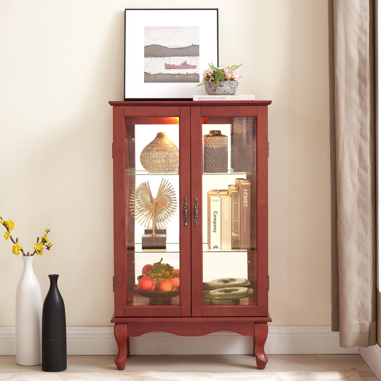 nifoti 43" H Lighted Curio Cabinet Display Case, Glass Curio Cabinet with Adjustable Shelves and Tempered Glass Door, Wooden Curio Cabinet w/Mirrored Back Pane for Living Room (Cherry) nifoti