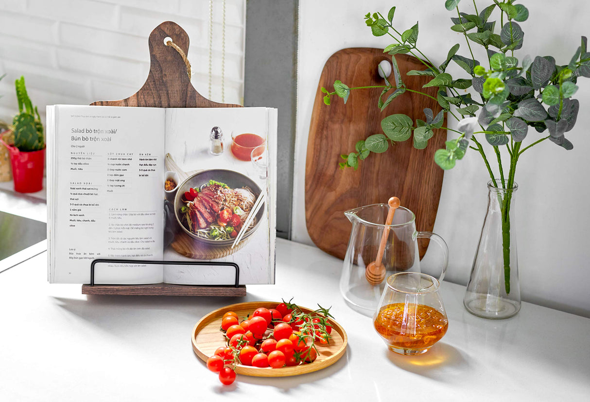 FANATU Cookbook Stand, Rustic Wood Cookbook Holder Cutting Board Style, Adjustable Recipe Ipad Tablet Book Holder and Stand for Kitchen with Anti-Slip Kickstand (Dark Brown) FANATU