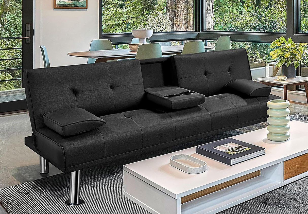 Anwickmak Convertible Futon Sofa Bed,PU Leather Modern Couch Loveseat Sleeper, Folding Daybed Guest Bed, Removable Armrests, 2 Cup Holders, Metal Legs (Black) Anwickmak