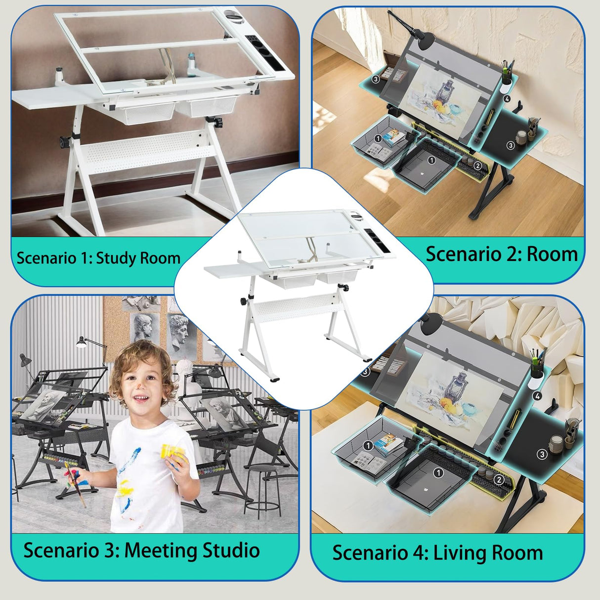 Adjustable Drafting Table for Adults Professional Art Table 2 Storage Drawers Height Adjustable Home Office Reading Painting Tempered Glass Top Modern White Design Doeqkue