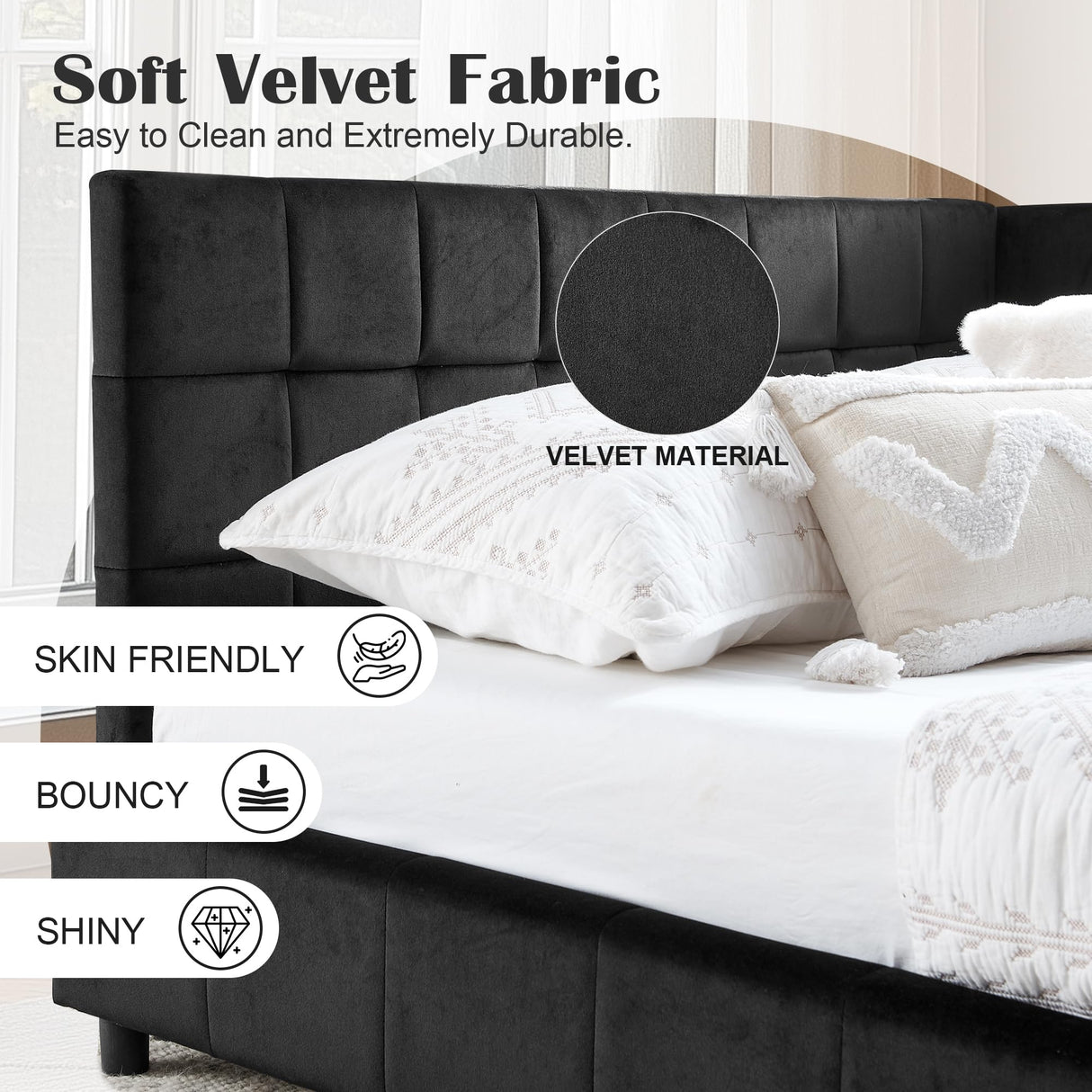 EYATZO Full Size Daybed L-Shaped, Modern Velvet Upholstered Sofa Day Bed Frame with Wood Slats for Living Room Bedroom Guest Room, No Box Spring Needed, Black EYATZO