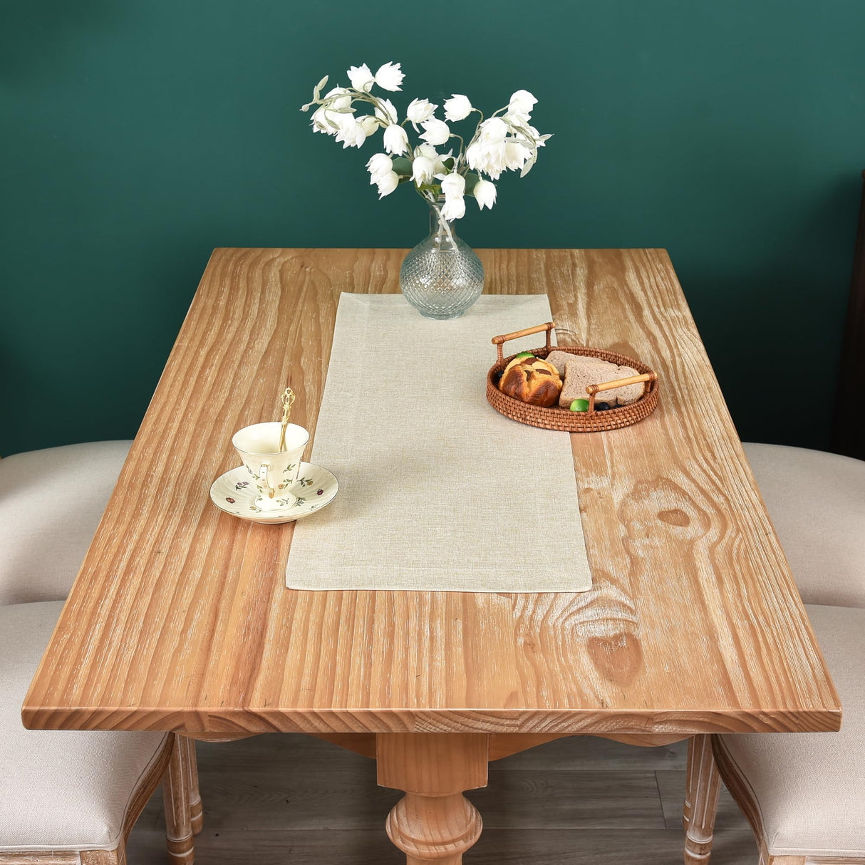 NEWISHER Farmhouse Rustic Table Runner Solid Beige Rectangular Table Runners Faux Linen Table Runner for Everyday Use Kitchen Dining Party Table 13x36 Inch NEWISHER