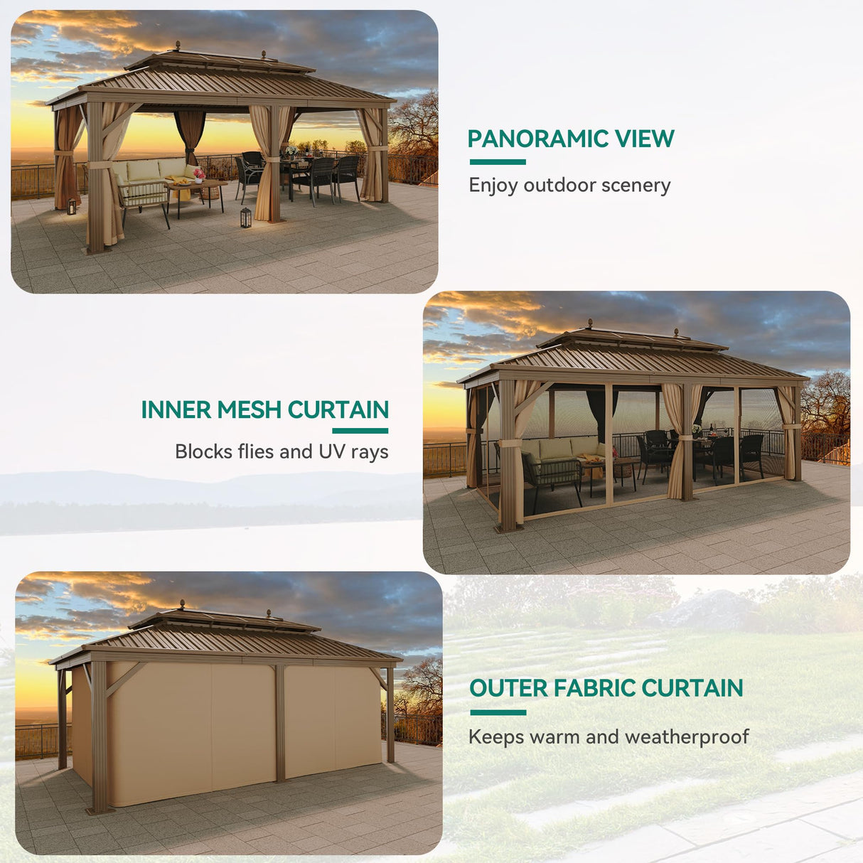 YITAHOME 12x20 ft Hardtop Gazebo with Nettings and Curtains, Outdoor Heavy Duty Aluminum Gazebo Combined of Horizontal and Vertical Stripes Roof for Patio, Backyard, Deck, Lawns and Balcony (Bronze) YITAHOME
