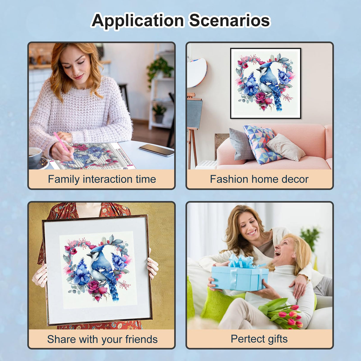 PFFNGPEN Diamond Painting Kits for Adults, 5D DIY Blue Bird Diamond Art Kits for Beginners, Full Drill Round Diamond Art for Home Wall Decor, Wreath, 12x12 inch PFFNGPEN