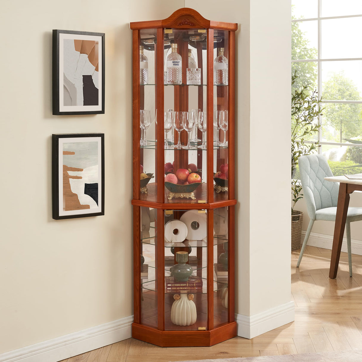 Ball & Cast 72" H Lighted Corner Curio Cabinet with Curved Top Carving,Glass Display Cabinet with 6 Tempered Adjustable Glass Shelves and Doors,Light Bulb Included, Rack for Liquor Storage,Oak Ball & Cast
