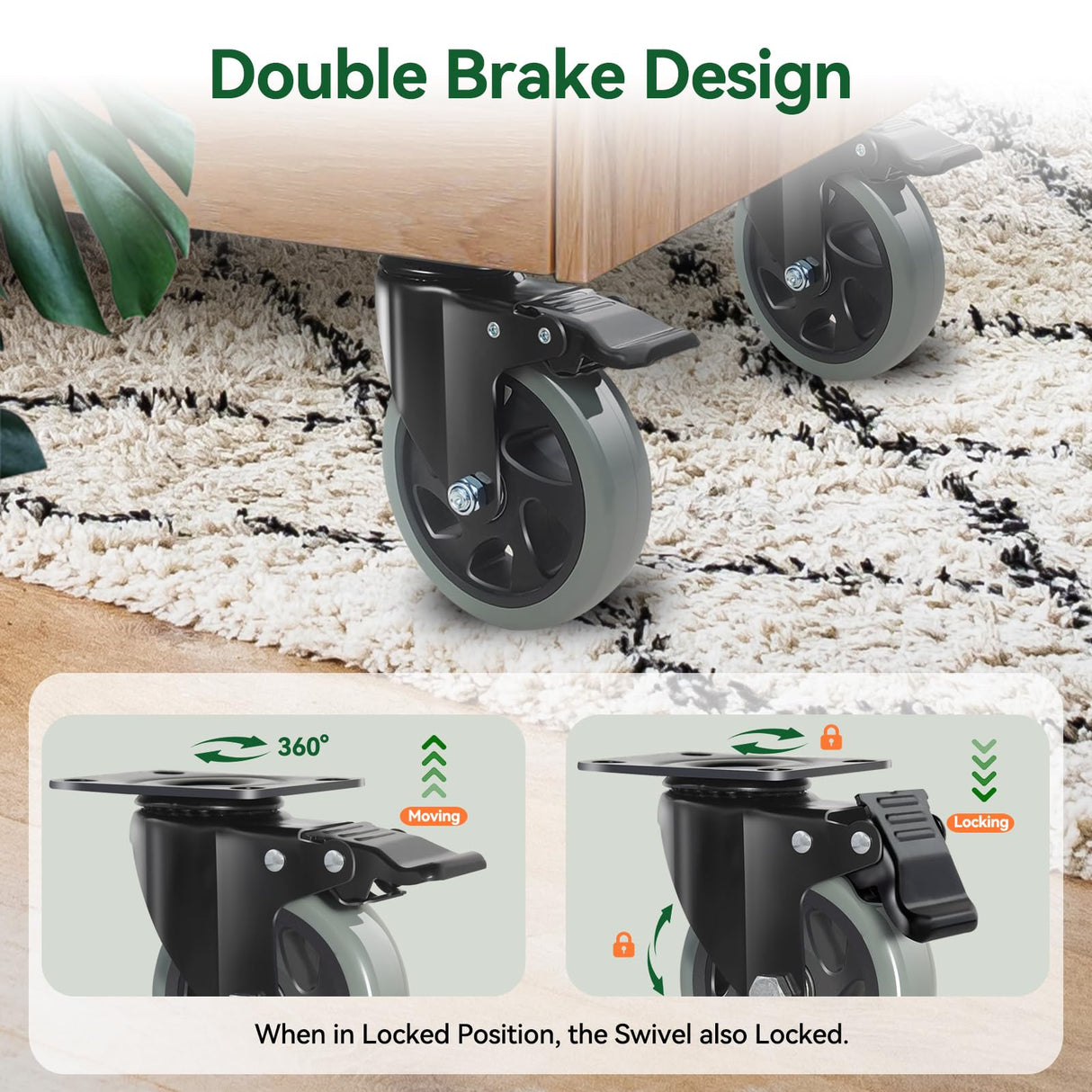 5 Inch Caster Wheels, Casters Set of 4 Heavy Duty, BZOLIHEU Locking Casters, Silent Top Plate Swivel Casters with Brake, Grey Polyurethane Castor Wheels for Furniture and Workbench Cart BZOLIHEU