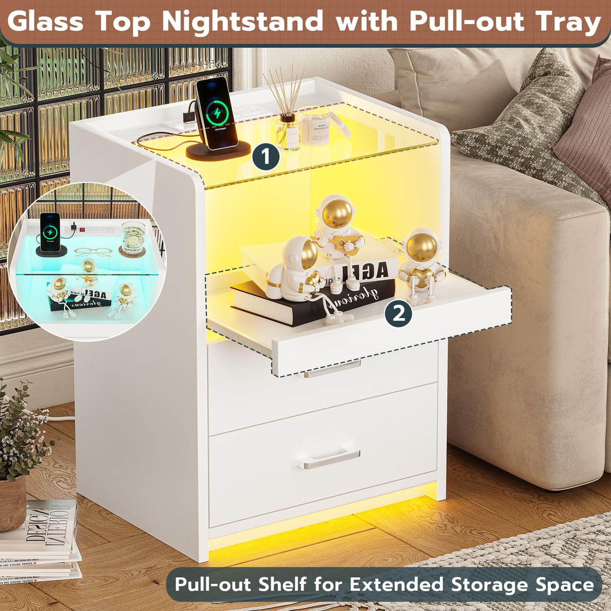 VIAGDO White Nightstand with Charging Station and LED Lights, 2 Drawers LED Night Stand with Tempered Glass Tabletop, Modern End Side Tables with Pull-Out Tray, Open Storage Bedside Tables VIAGDO