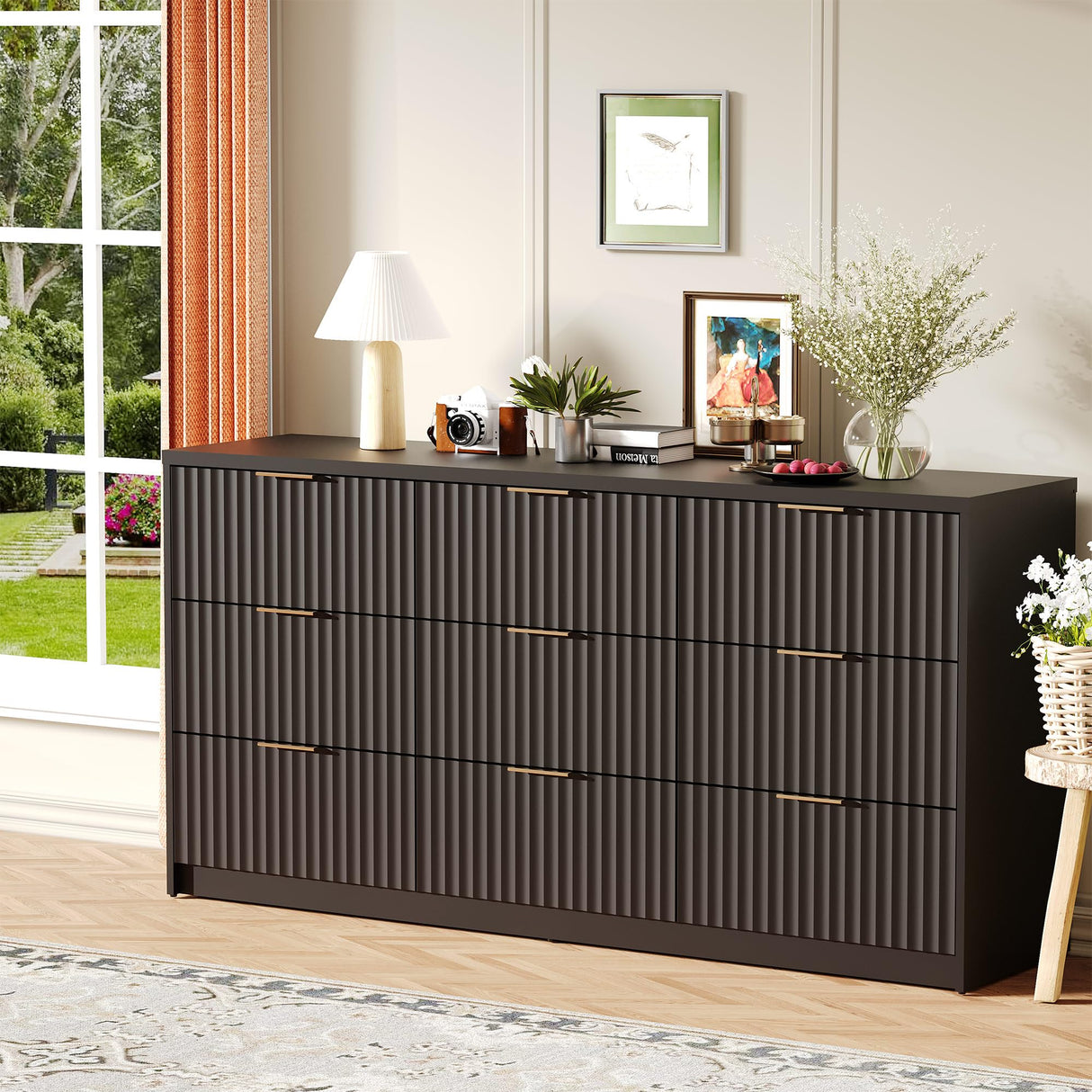 Fluted Dresser for Bedroom, 9 Drawer Dresser, Large Capacity & Anti-Tip, Modern Chest of Drawers with Metal Handles, Wooden Dressers Closet Storage Organizer for Living Room Hallway Entryway GarveeHome