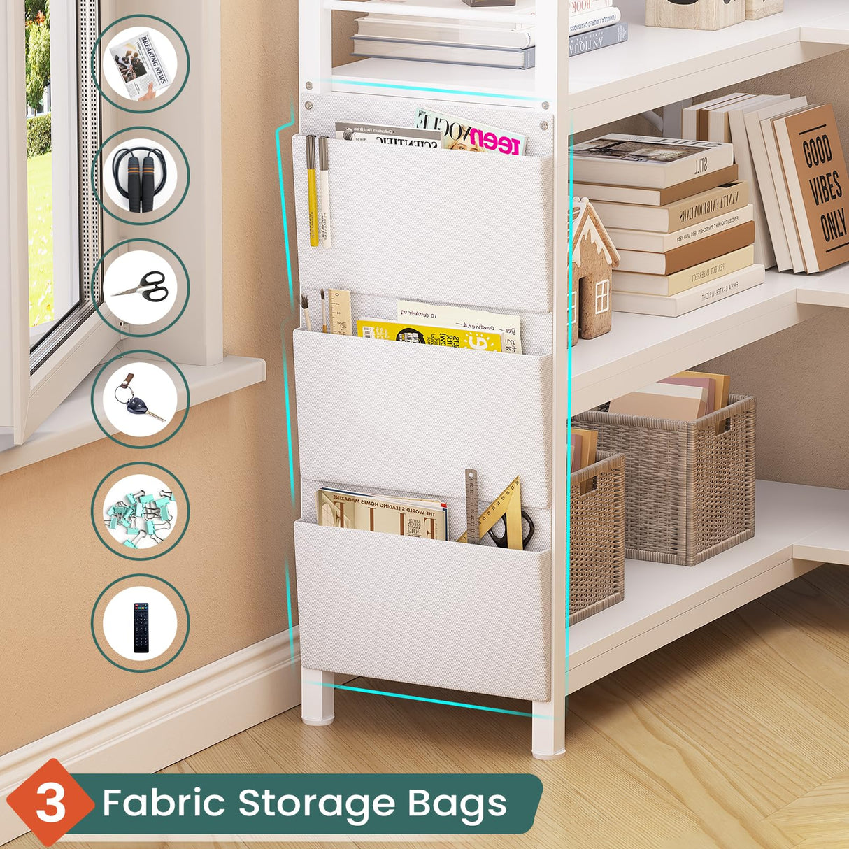 SEDETA 5 Tier Corner Bookshelf, Modern Corner Bookcase, Convertible Bookshelf with Storage Bag, Pegboard & LED Light, Tall Bookshelves for Bedroom, Living Room and Home Office, White SEDETA