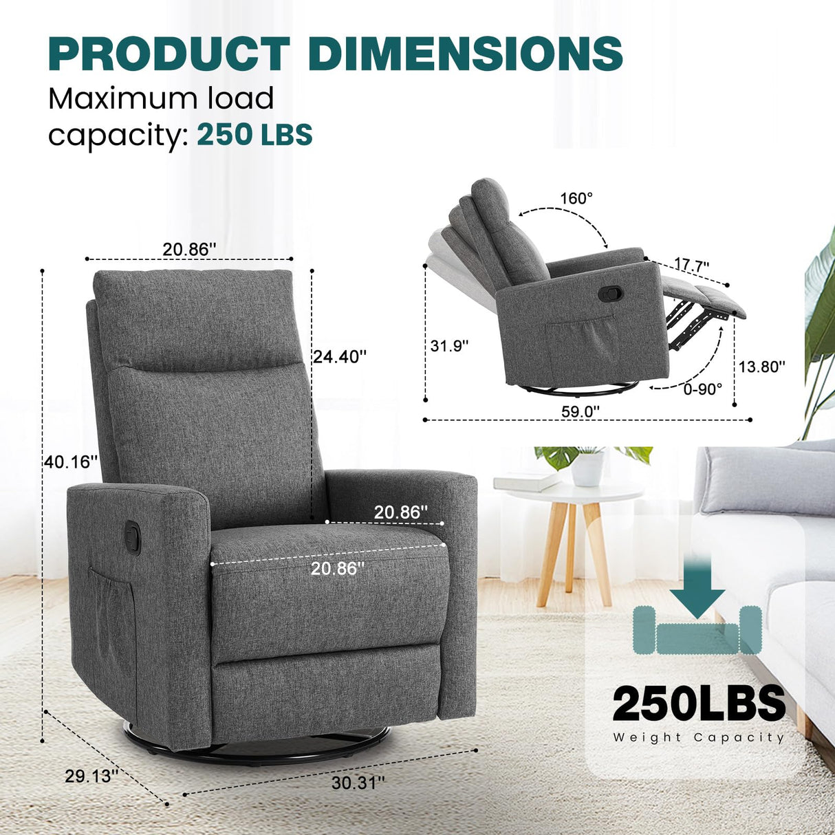 SMUG Swivel Rocking Recliner Chair with Extra Large Footrest High Back, Upholstered Glider Nursery Chair for Living Room, Bedroom & Nursery, Comfortable Deep Seat for Relaxation, Grey SMUG