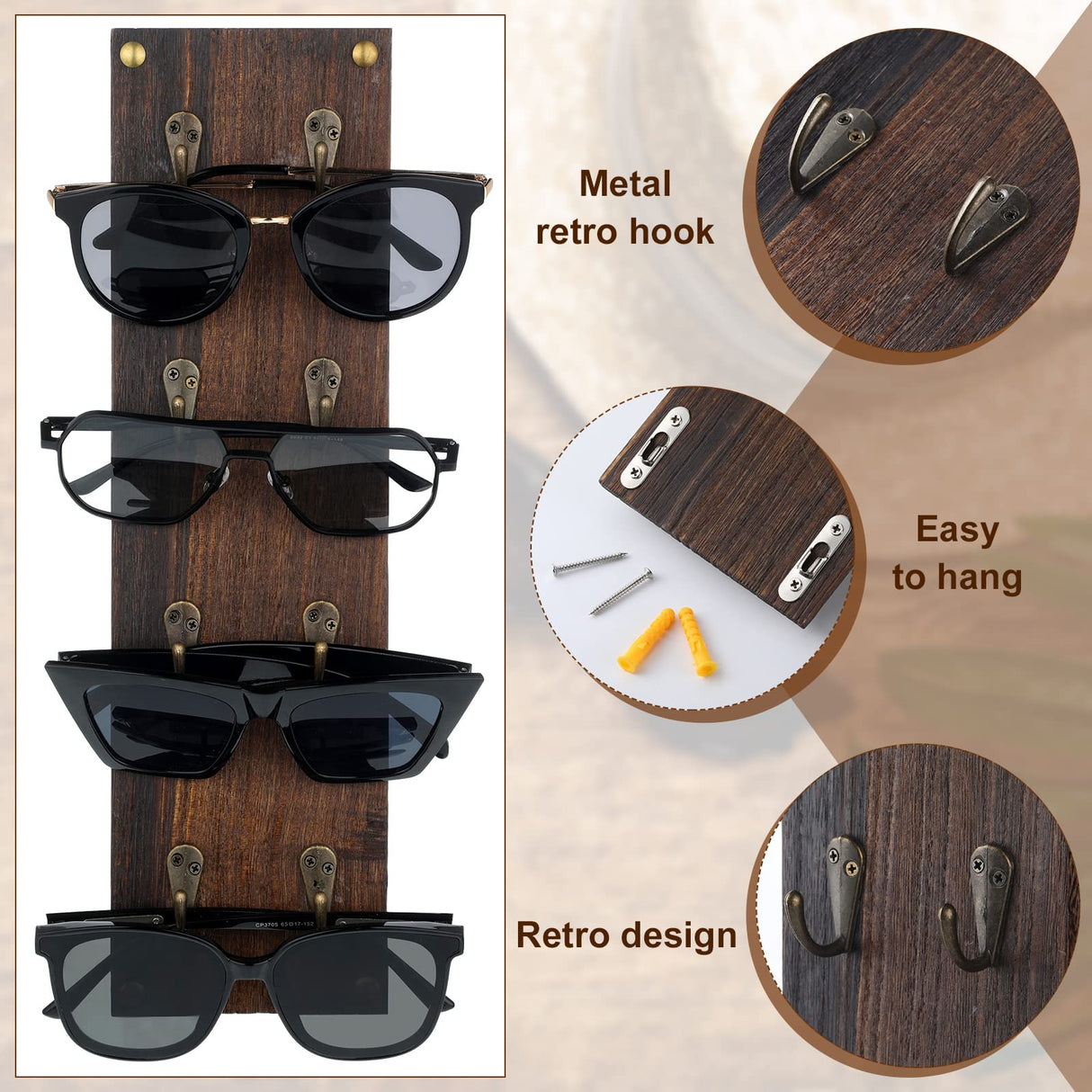 Moxweyeni Set of 2 Rustic Mounted Sunglasses Storage Organizer Wood Eyeglasses Holder Sunglass Rack Eyeglasses Display Rack with Metal Hooks Glasses Wall Decor Hanging Jewelry Organizers for Home Moxweyeni