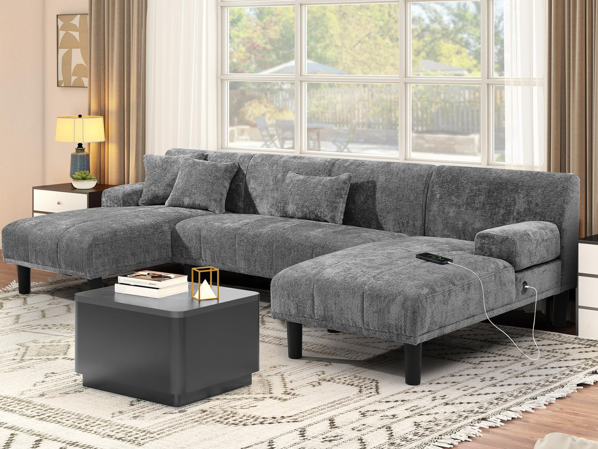 YITAHOMA Sectional Couches for Living Room, U Shaped Sofa Chenille Modern Couch with USB & Type C Charging Ports Double Chaise and Comfy Upholstered, Dark Grey YITAHOME