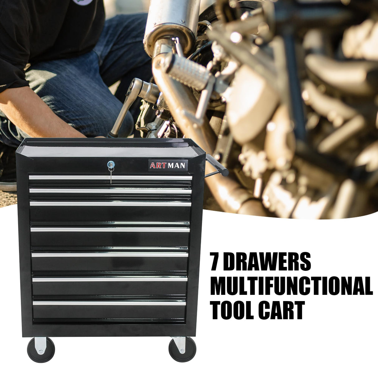 HFYee Rolling Tool Chest Metal Tool Box with Wheels Tool Cabinet Craftsman Tool Cart on Wheels Tool Box Portable Tool Box with Wheels 7 Drawers Multifunctional Tool Cart with Wheels, Black HFYee