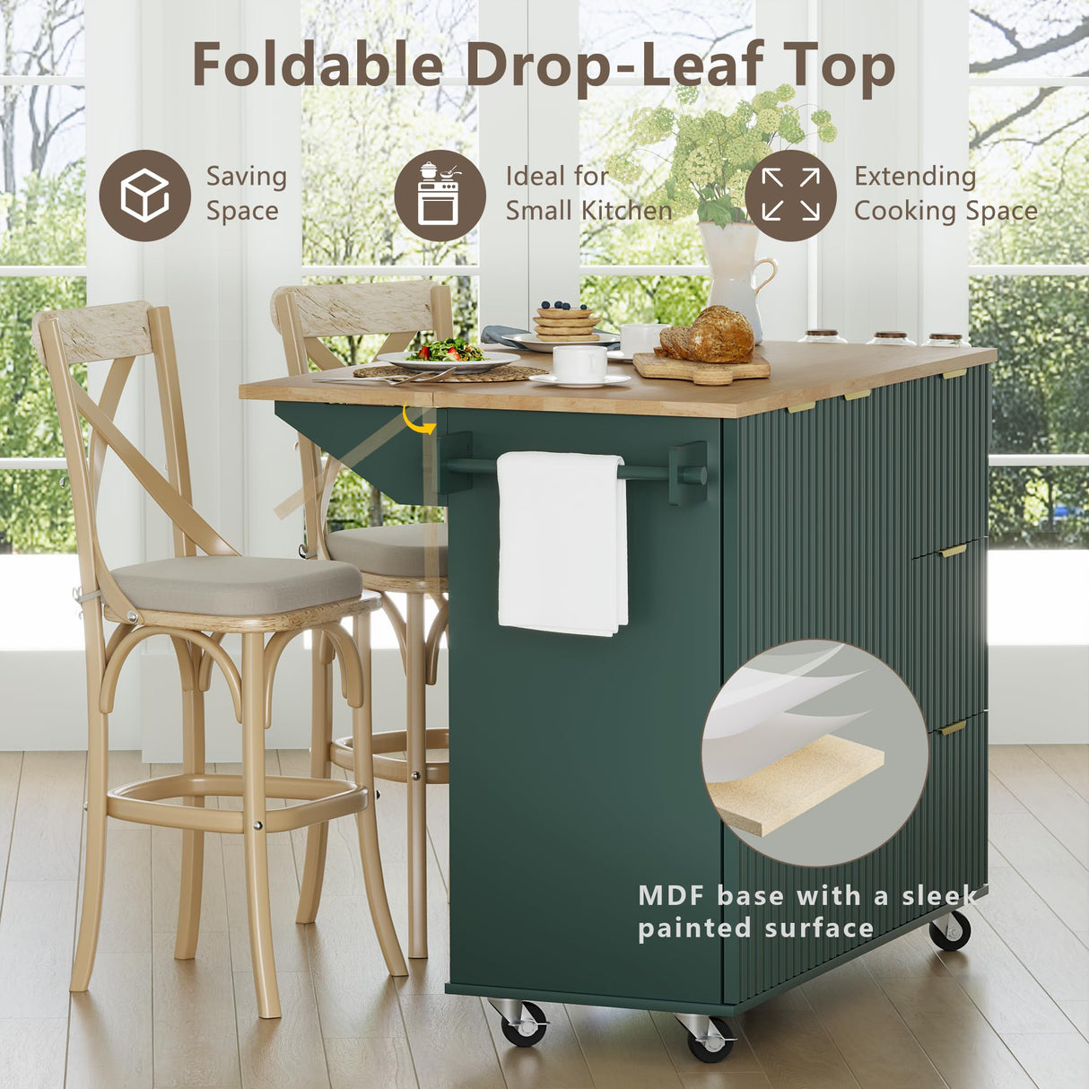 win2win Rolling Kitchen Island with Storage, Portable Kitchen Island with Drop Leaf Breakfast Bar, Modern Farmhouse Kitchen Cart on Wheels with Fluted Design, Towel Rack, Spice Rack, Olive Green win2win