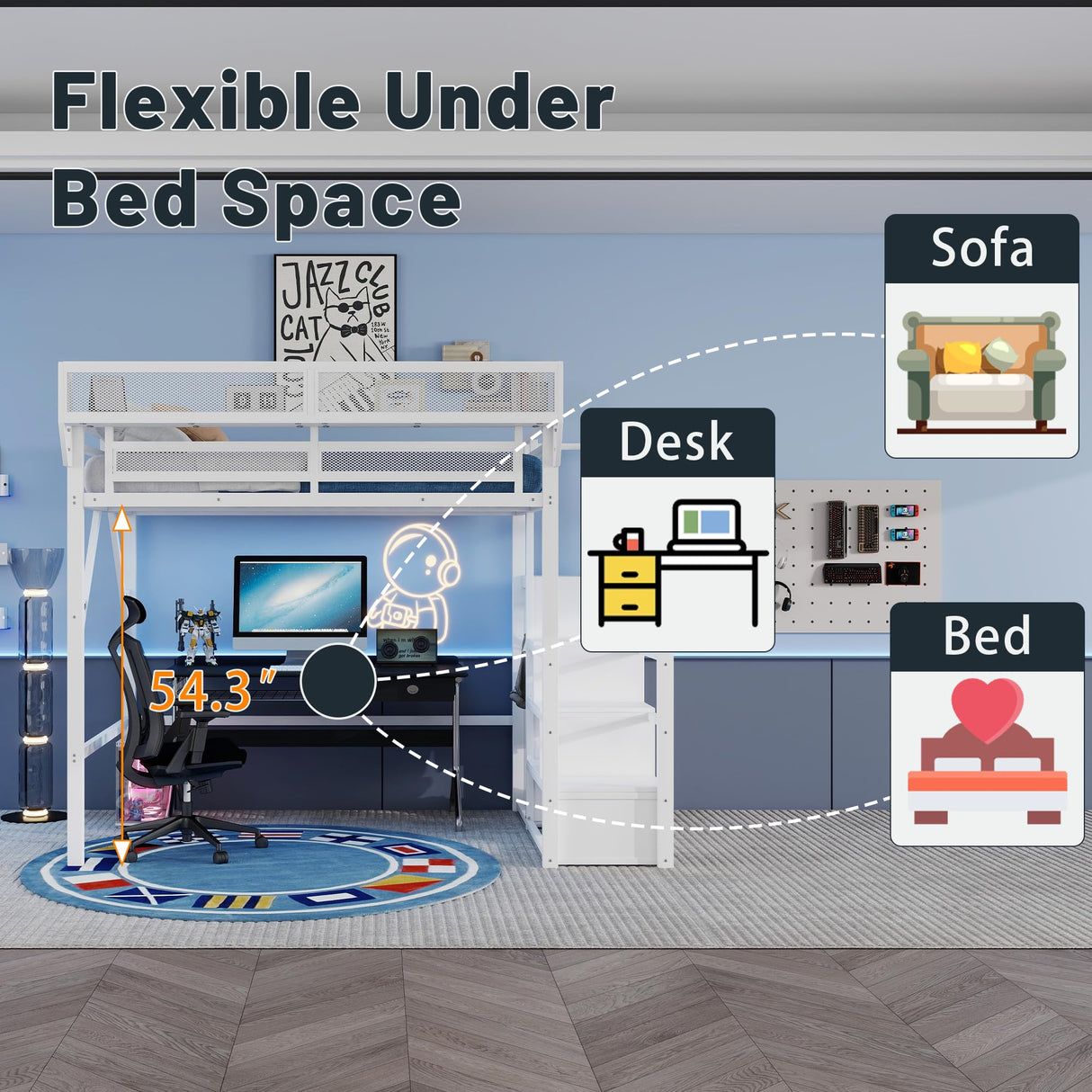 Mirightone Full Size Loft Bed with Stairs, Metal Loft Beds, High Loft Bed Frame with Storage Shelves, Lofted Full Bed with Wardrobe for Kids and Teens, No Box Spring Needed (White) Mirightone